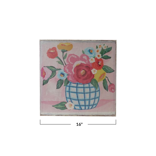 Creative Co Op Canvas Wall Décor W/ Flowers In Grid Vase Distressed Finish ©