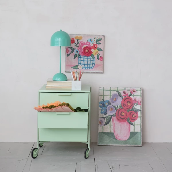 Creative Co Op Canvas Wall Décor W/ Flowers In Vase & Grid Background Distressed Finish ©