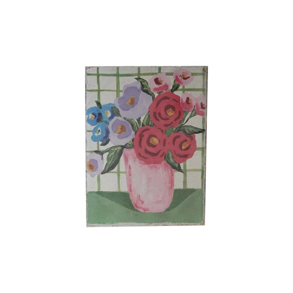 creative co op Canvas Wall Décor w/ Flowers in Vase & Grid Background Distressed Finish ©