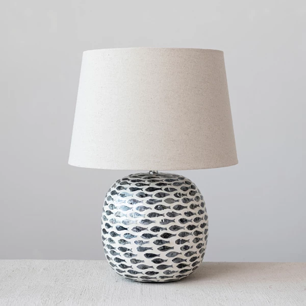 Creative Co Op Capiz & Bamboo Table Lamp W/ Fish Pattern & Linen Shade Blue & White