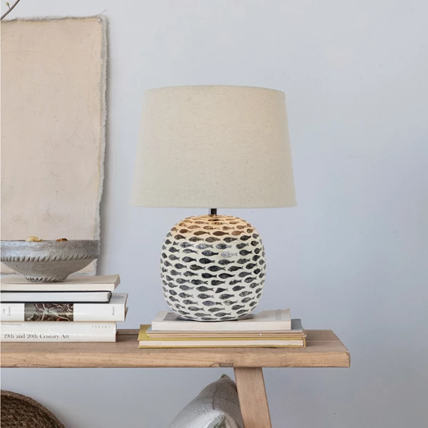 Creative Co Op Capiz & Bamboo Table Lamp W/ Fish Pattern & Linen Shade Blue & White