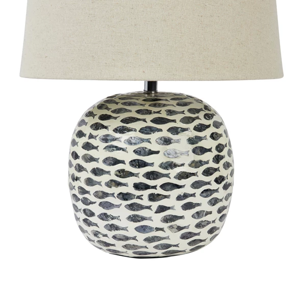 Creative Co Op Capiz & Bamboo Table Lamp W/ Fish Pattern & Linen Shade Blue & White