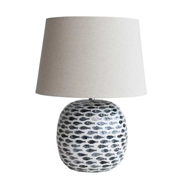 creative co op Capiz & Bamboo Table Lamp w/ Fish Pattern & Linen Shade Blue & White