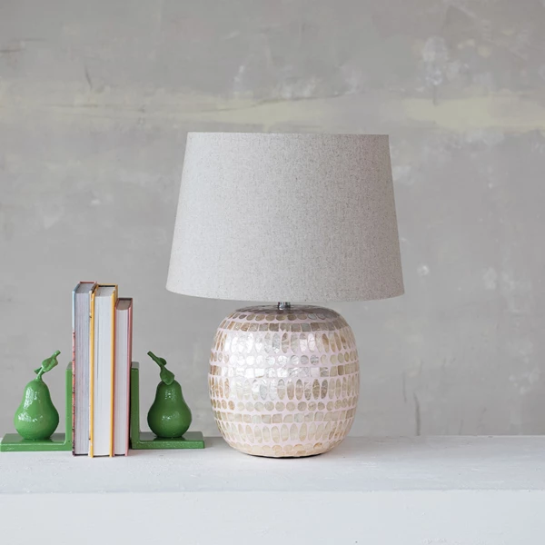 Creative Co Op Capiz Table Lamp With Linen Shade & Inline Switch Pink & Natural