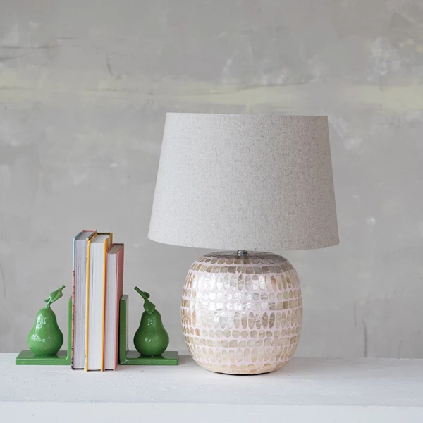 Creative Co Op Capiz Table Lamp With Linen Shade & Inline Switch Pink & Natural