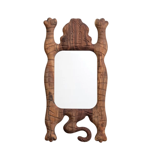 creative co op Carved Acacia Wood Framed Tibetan Tiger Shaped Wall Mirror Natural