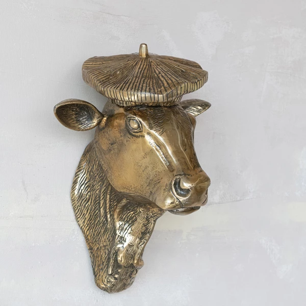 Creative Co Op Cast Aluminum Cow Head With Beret Wall Décor Antique Gold Finish