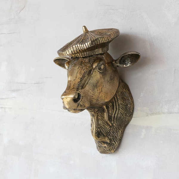 Creative Co Op Cast Aluminum Cow Head With Beret Wall Décor Antique Gold Finish