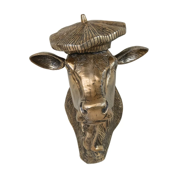 Creative Co Op Cast Aluminum Cow Head With Beret Wall Décor Antique Gold Finish
