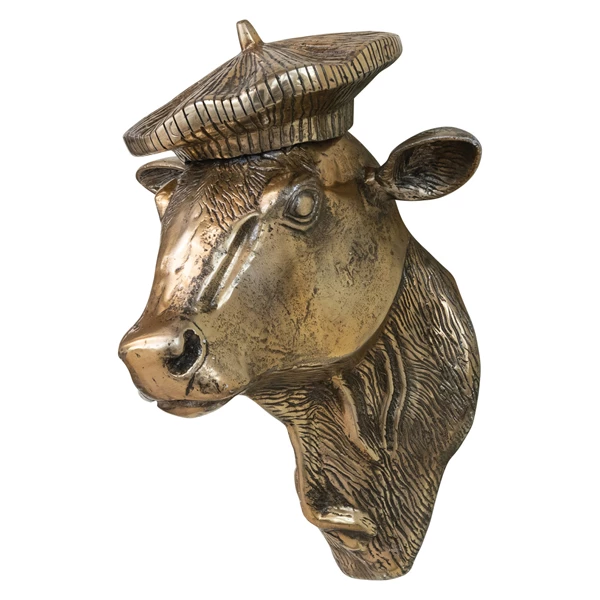 creative co op Cast Aluminum Cow Head with Beret Wall Décor Antique Gold Finish