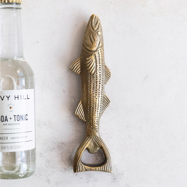 Creative Co Op Cast Aluminum Fish Shaped Bottle Opener Antique Gold Finish
