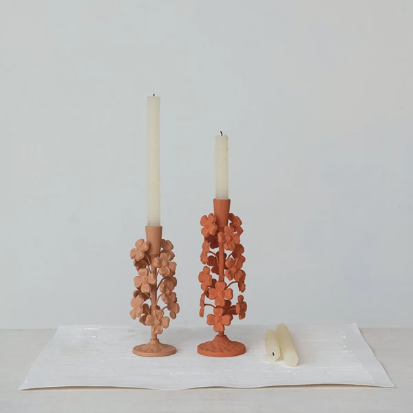 Creative Co Op Cast Iron Flowers Taper Holder Apricot Color