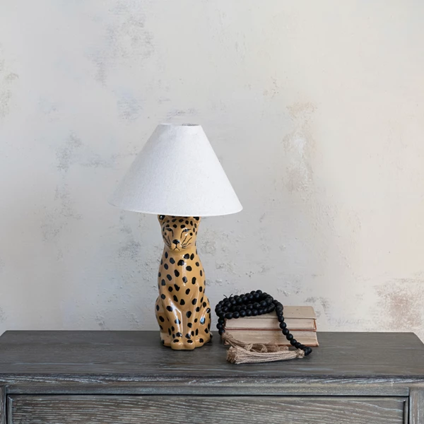 Creative Co Op Ceramic Cheetah Table Lamp With Linen Shade & Inline Switch