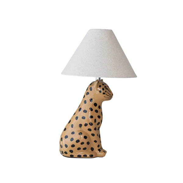 Creative Co Op Ceramic Cheetah Table Lamp With Linen Shade & Inline Switch