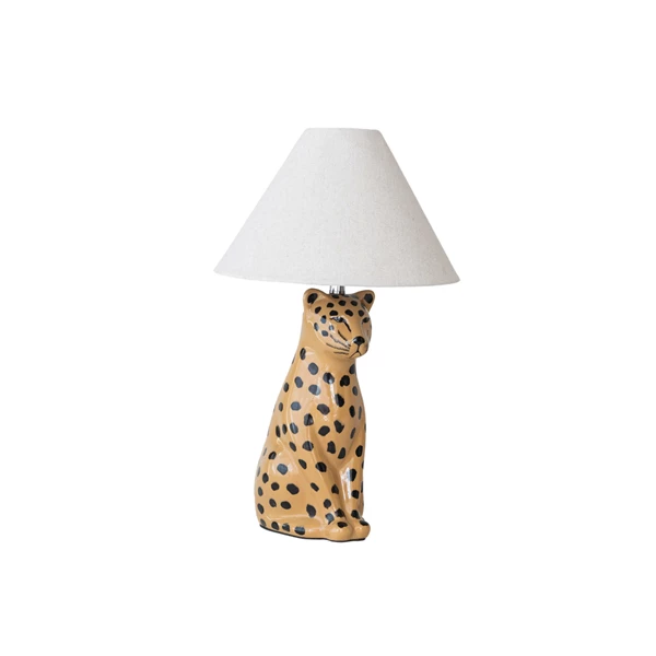 creative co op Ceramic Cheetah Table Lamp with Linen Shade & Inline Switch