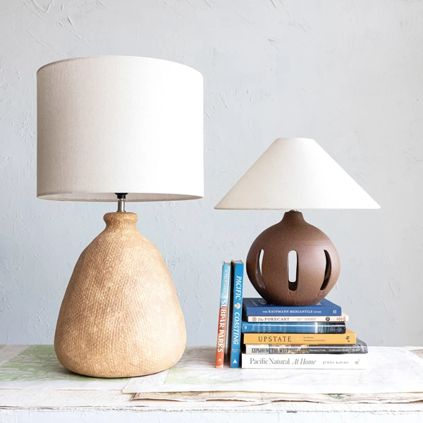 Creative Co Op Ceramic Table Lamp W/ Linen Shade & Cut-Outs