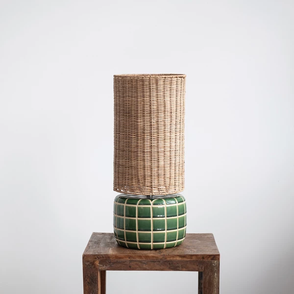 Creative Co Op Ceramic Tiled Table Lamp With Hand-Woven Rattan Shade