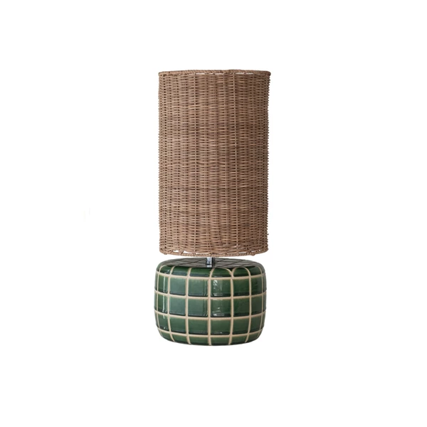 creative co op Ceramic Tiled Table Lamp with Hand-Woven Rattan Shade