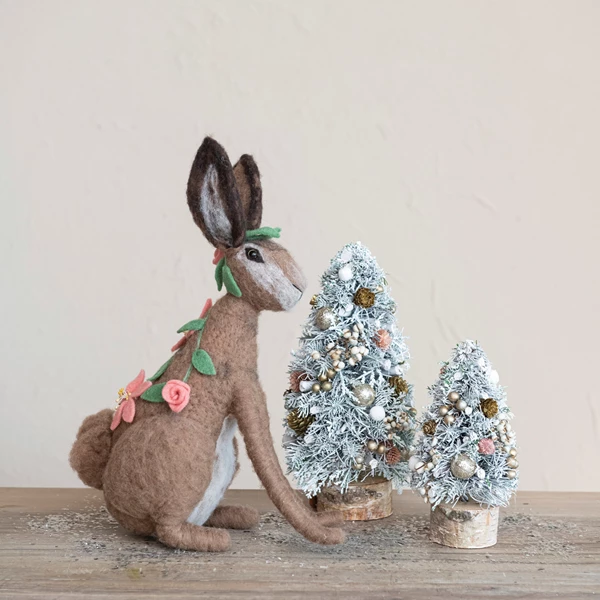 Creative Co Op Christmas Tree W/ Ornaments Pinecones Glitter & Wood Slice Base Multi Color