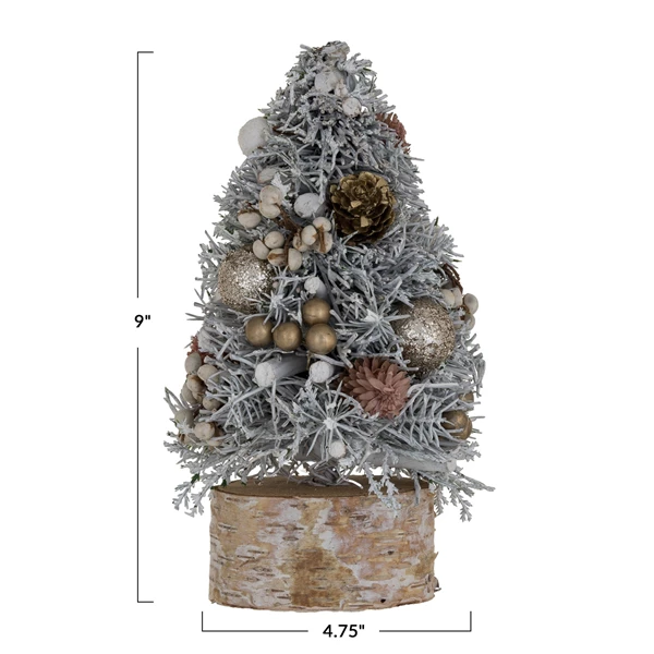 Creative Co Op Christmas Tree W/ Ornaments Pinecones Glitter & Wood Slice Base Multi Color