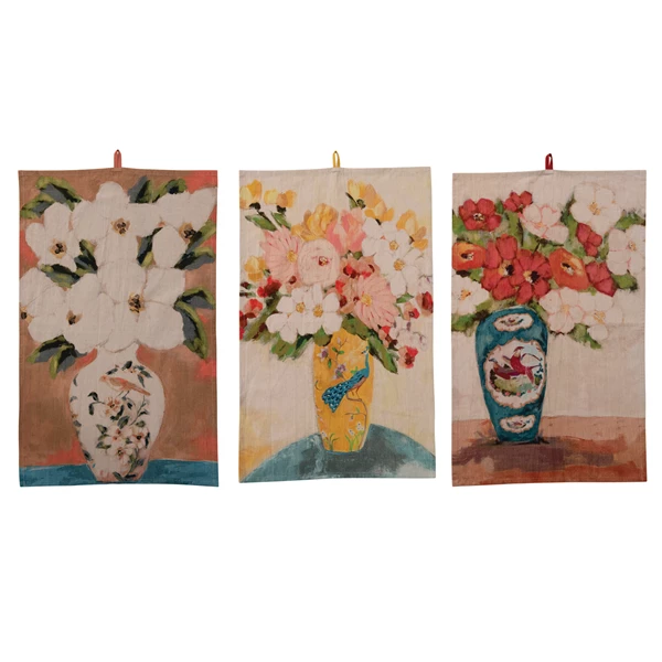 creative co op Cotton Chambray Printed Tea Towel with Flowers in Vase
