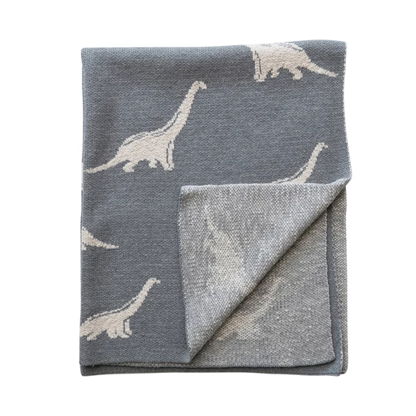 Creative Co Op Cotton Knit Baby Blanket With Dinosaurs Light Grey & Natural