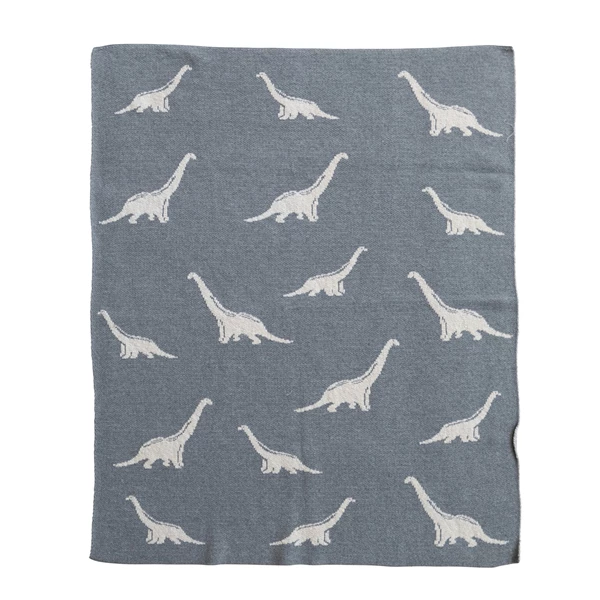 creative co op Cotton Knit Baby Blanket with Dinosaurs Light Grey & Natural