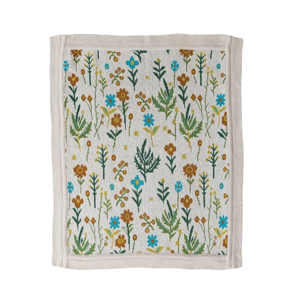 creative co op Cotton Knit Baby Blanket with Florals