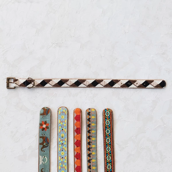 Creative Co Op Cotton & Leather Dog Collar W/ Embroidery & Metal Buckle Multi Color 6 Styles Medium