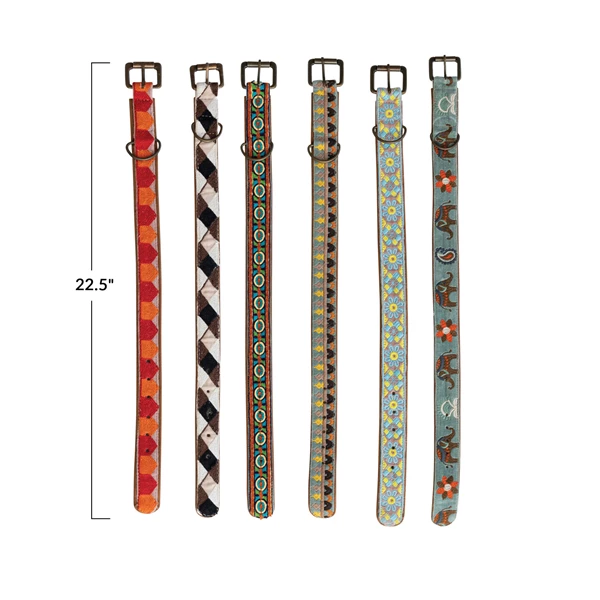 Creative Co Op Cotton & Leather Dog Collar W/ Embroidery & Metal Buckle Multi Color 6 Styles Medium