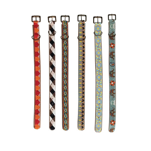 creative co op Cotton & Leather Dog Collar w/ Embroidery & Metal Buckle Multi Color 6 Styles Medium