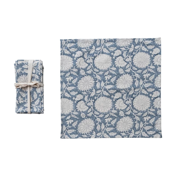 creative co op Cotton & Linen Block Printed Napkins with Flowers Set of 4