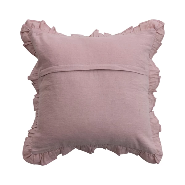 Creative Co Op Cotton & Linen Pillow W/ Embroidered Stripes & Ruffle Pink & Coral Color