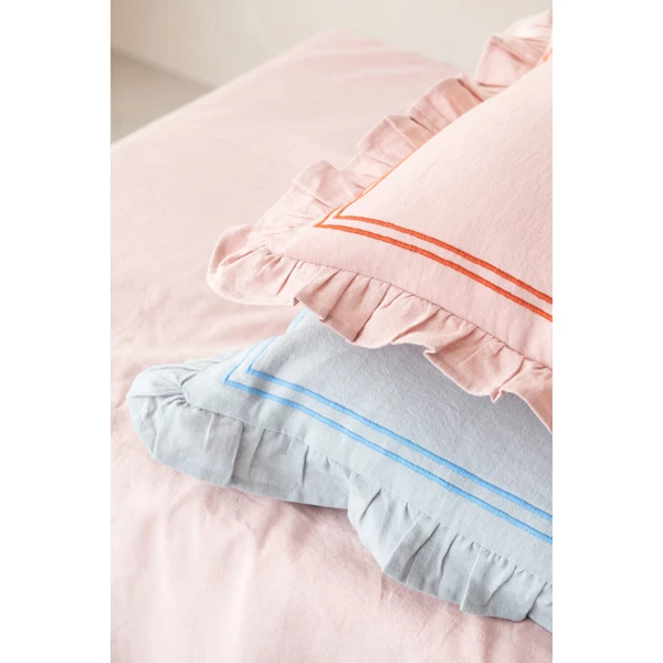 Creative Co Op Cotton & Linen Pillow W/ Embroidered Stripes & Ruffle Pink & Coral Color