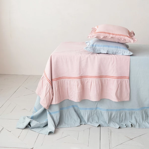 Creative Co Op Cotton & Linen Pillow W/ Embroidered Stripes & Ruffle Pink & Coral Color