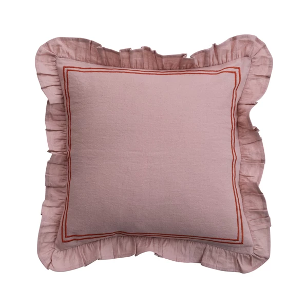 creative co op Cotton & Linen Pillow w/ Embroidered Stripes & Ruffle Pink & Coral Color
