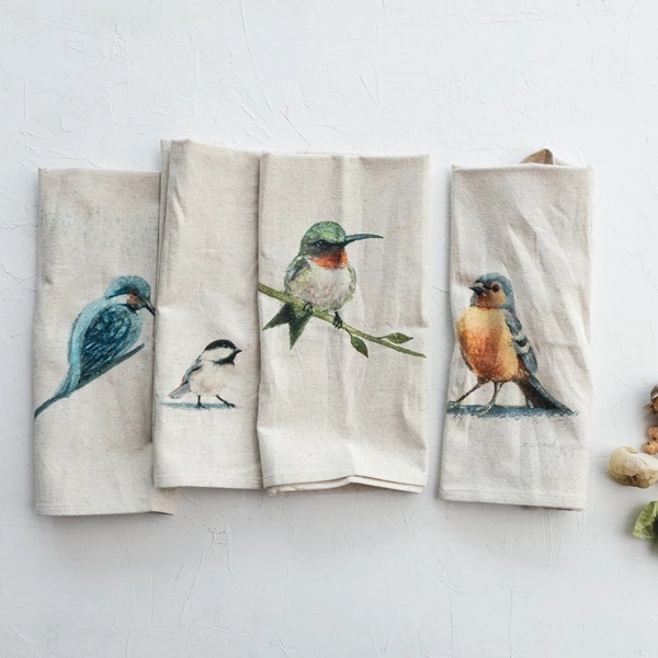 Creative Co Op Cotton & Linen Printed Tea Towel W/ Bird 4 Styles ©