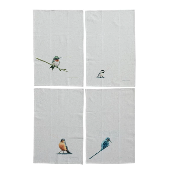creative co op Cotton & Linen Printed Tea Towel w/ Bird 4 Styles ©