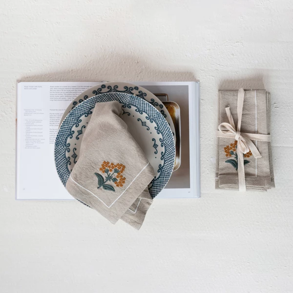 Creative Co Op Cotton Napkins W/ Floral Embroidery & French Knots Set Of 4