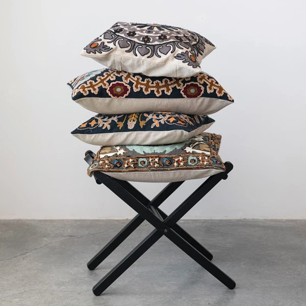 Creative Co Op Cotton Slub Embroidered Lumbar Pillow W/ Design & Chambray Back Polyester Fill