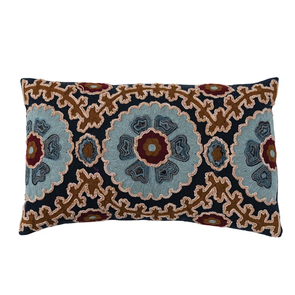 Creative Co Op Cotton Slub Embroidered Lumbar Pillow W/ Design & Chambray Back Polyester Fill