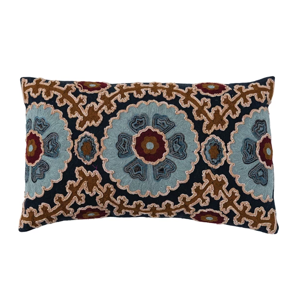 creative co op Cotton Slub Embroidered Lumbar Pillow w/ Design & Chambray Back Polyester Fill