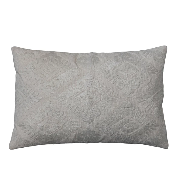 Creative Co Op Cotton Slub Embroidered Lumbar Pillow W/ Pattern & Chambray Back Polyester Fill