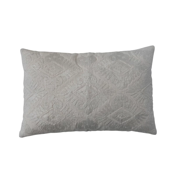 creative co op Cotton Slub Embroidered Lumbar Pillow w/ Pattern & Chambray Back Polyester Fill