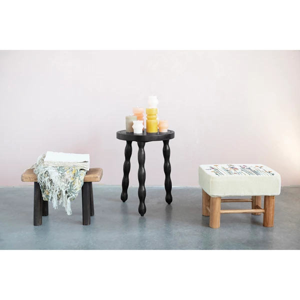 Creative Co Op Cotton Upholstered Stool With Floral Embroidery And Pine Wood Legs