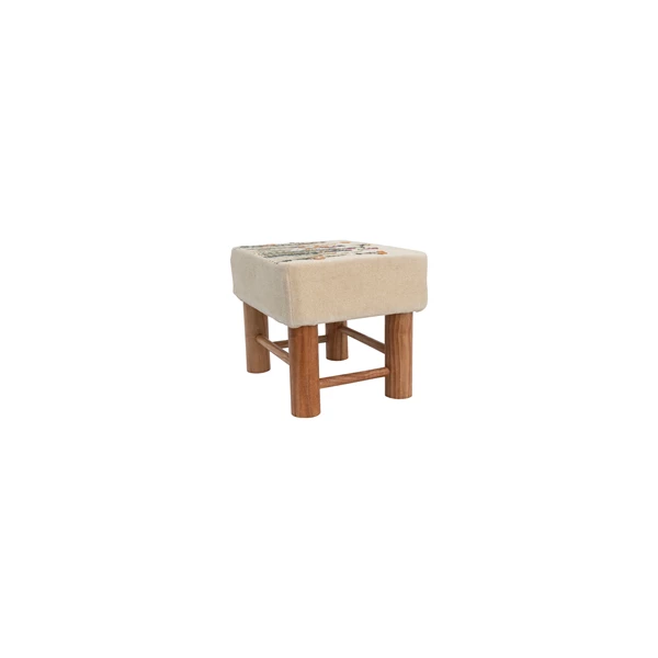 Creative Co Op Cotton Upholstered Stool With Floral Embroidery And Pine Wood Legs