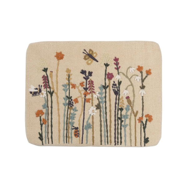 Creative Co Op Cotton Upholstered Stool With Floral Embroidery And Pine Wood Legs