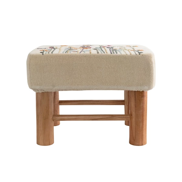 creative co op Cotton Upholstered Stool with Floral Embroidery and Pine Wood Legs