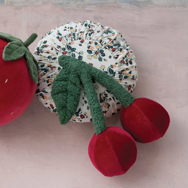 Creative Co Op Cotton Velvet Strawberry Shaped Pillow W/ Embroidery Red Green & Yellow