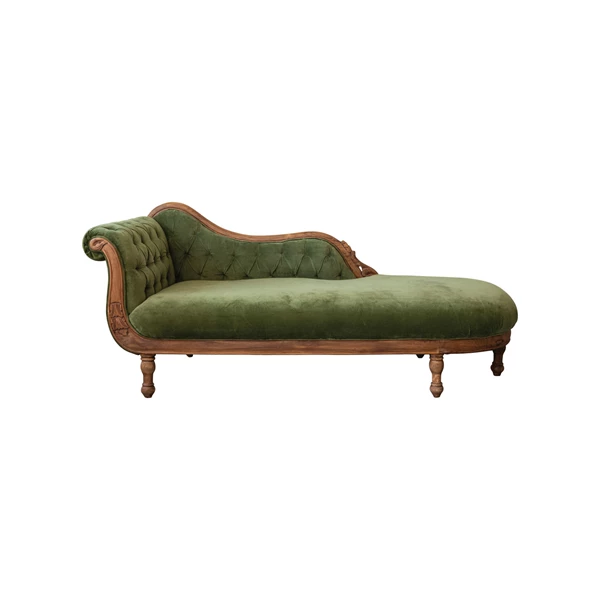 creative co op Cotton Velvet Upholstered Chaise Lounge w/ Carved Wood Frame